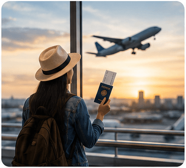 Traveller holding a passport and boarding pass at an airport window as a plane takes off