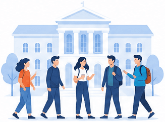 Illustration of university students celebrating in front of a campus building
